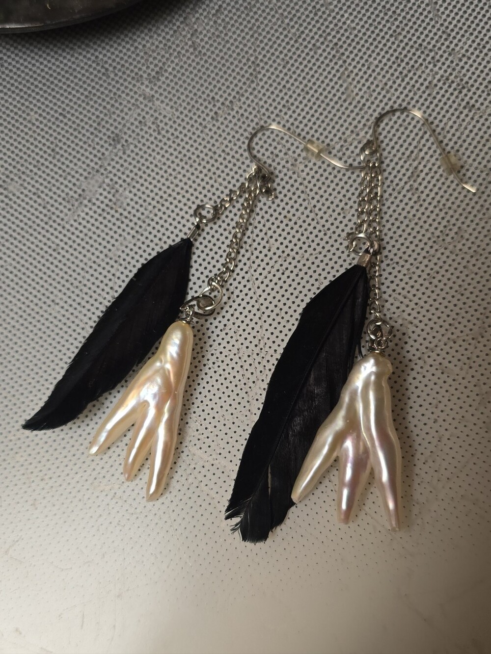Witchy Black Feather  White Chicken Feet Boho Pearl Drop Earrings Avant Garde